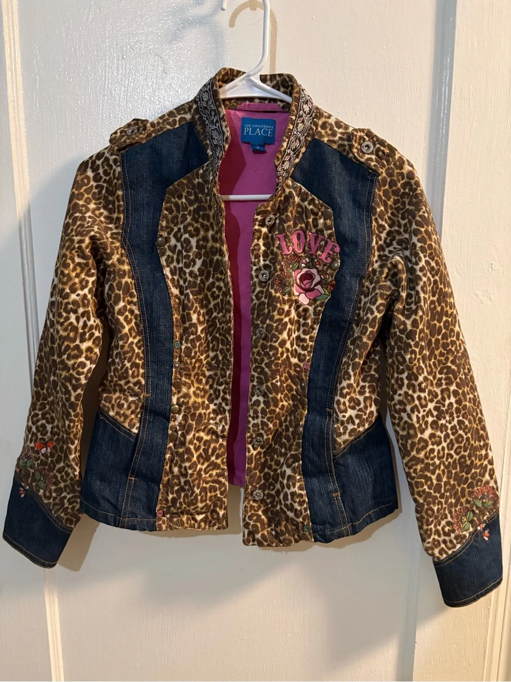 The Children's Place Leopard Print Denim Trim Jacket with Pink Accents